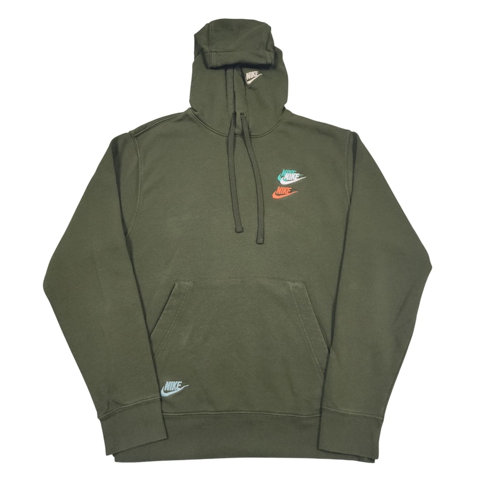 Nike Essentials Hoodie Mens Small Green French Terry Multi Logo Sportswear